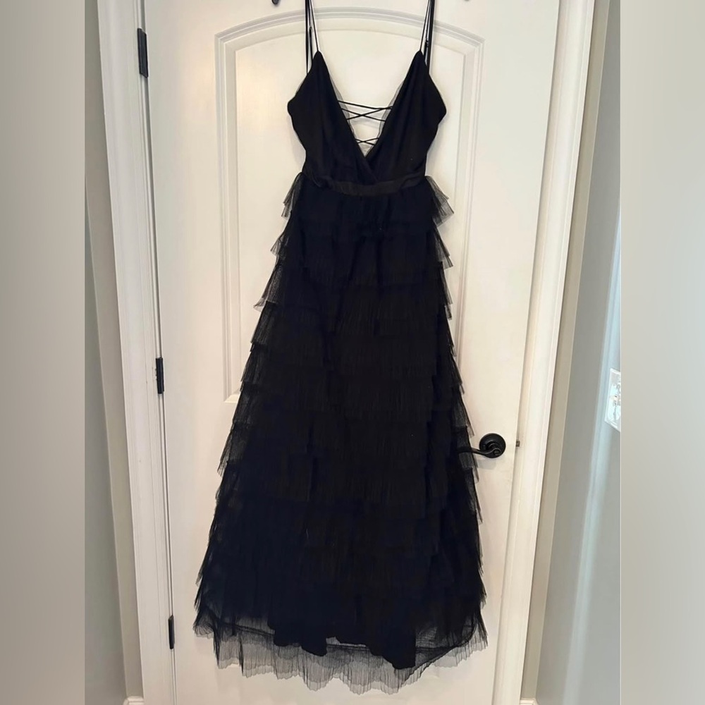 Lucille V Neck Tier Tule Dress Black Size XL NWT